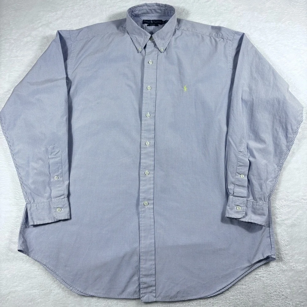 Ralph Lauren Blake Men L Cotton Long Sleeve Yellow Pony Button Up Shirt Blue - Picture 2 of 8